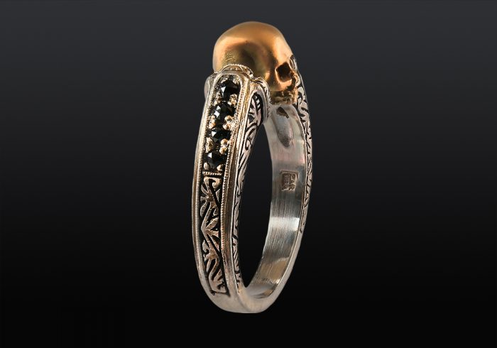 handmade skull ring with black diamonds